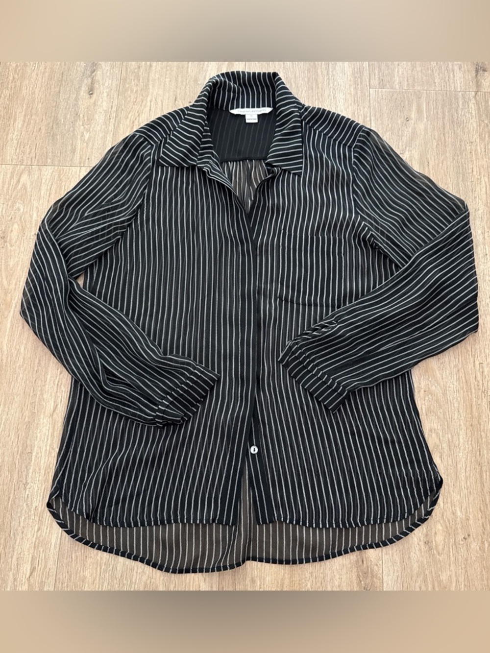 Diane Von Furstenberg Black Pinstripe Long Sleeve Silk Sheer Blouse